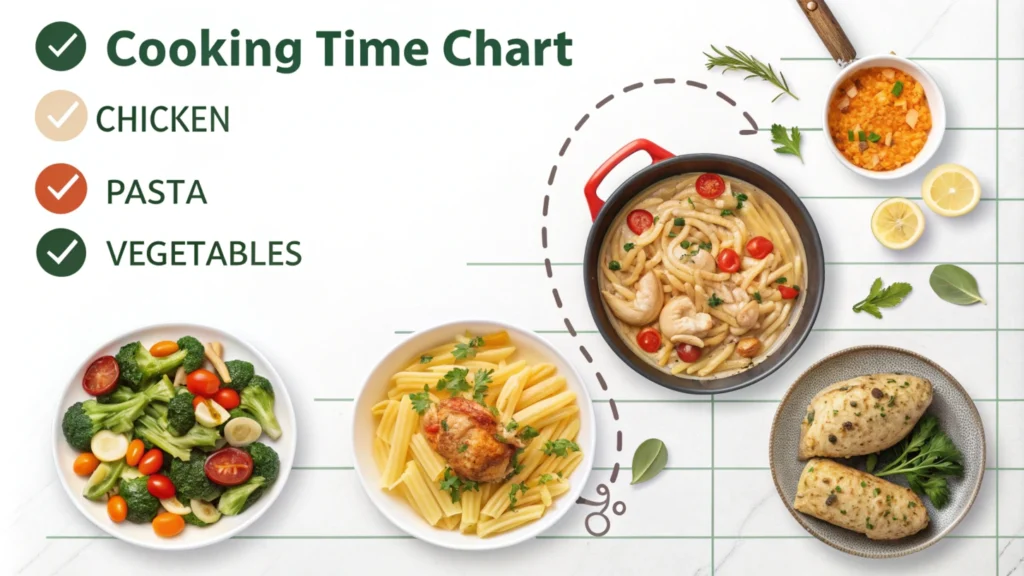 A visual chart showing recommended cooking times for ingredients in one-pot meals, including chicken, pasta, and vegetables.