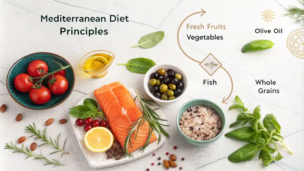 Infographic highlighting key Mediterranean diet principles: plant-based foods, olive oil, seafood, and whole grains.