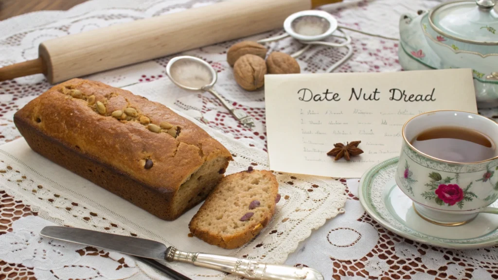 An old-fashioned loaf of date nut bread on a lace tablecloth, with vintage kitchen utensils and a handwritten recipe card beside it.