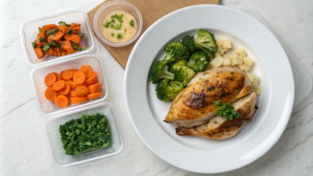 Portioned roasted chicken and vegetables with prepped ingredients in small containers.