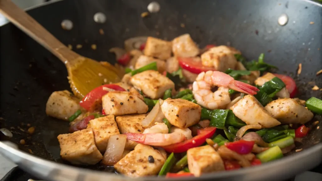 Stir-frying chicken, shrimp, and vegetables for fried rice