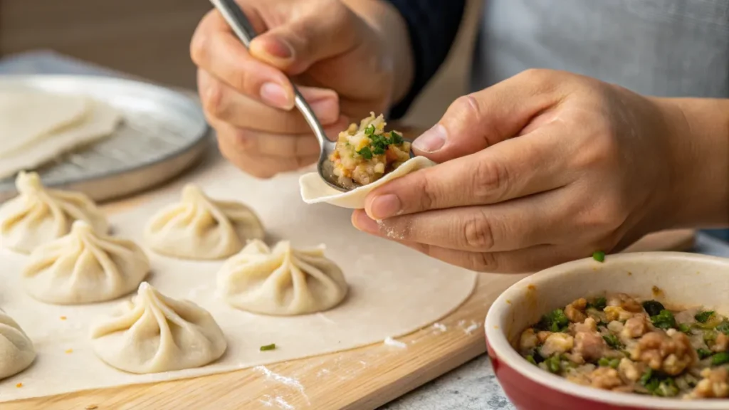 Close-up of hands shaping vegan soup dumplings with a small spoon adding filling to a wrapper.