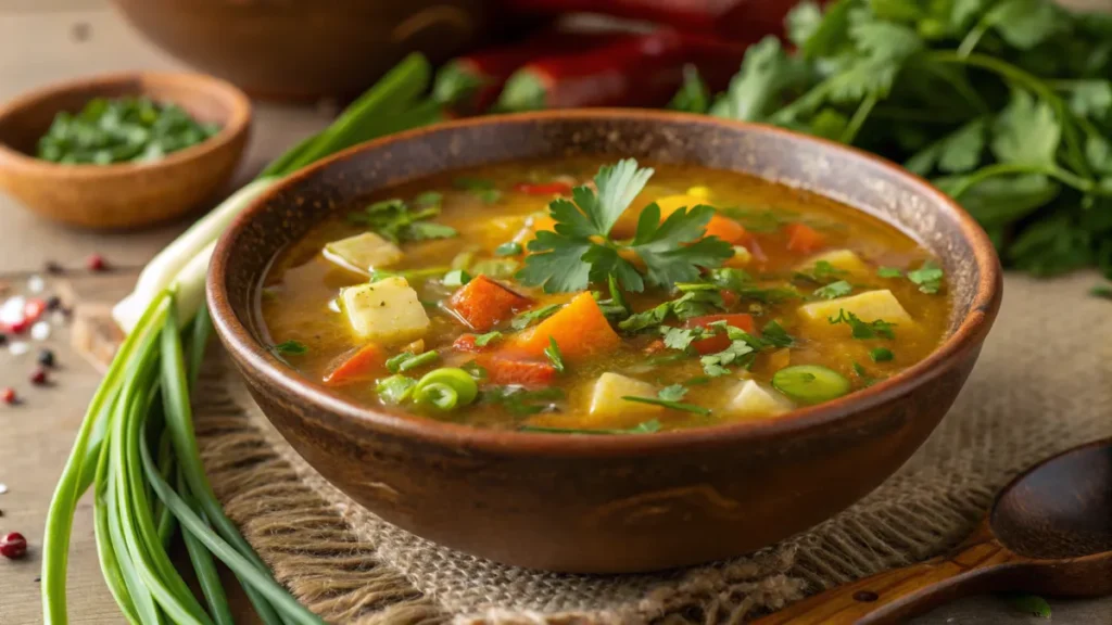 A close-up of easy swamp soup with fresh herbs garnishing the top, served in a rustic bowl.