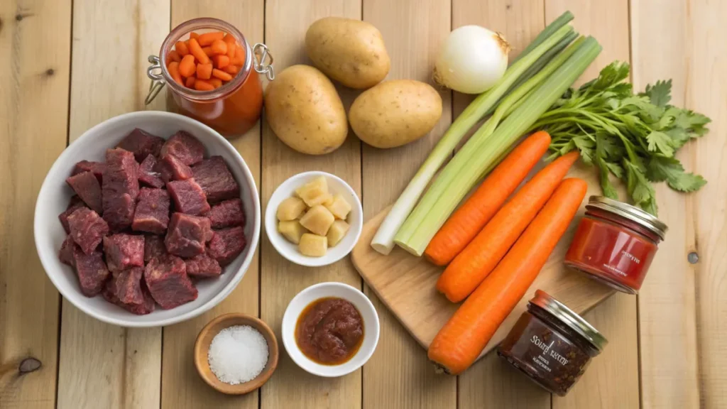 Ingredients for old fashioned vegetable beef soup recipe.