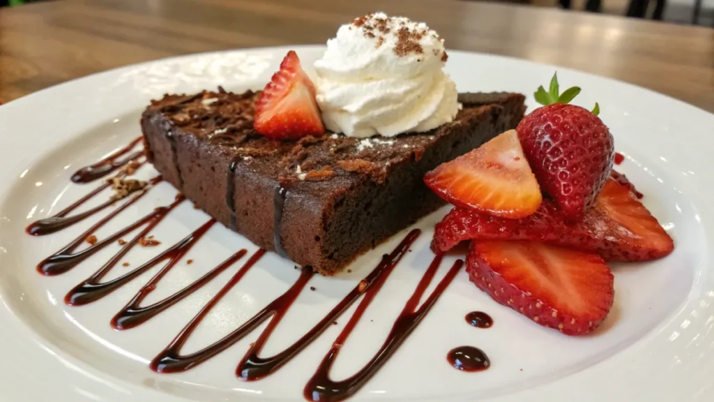 A slice of chocolate pound cake with strawberries and whipped cream.