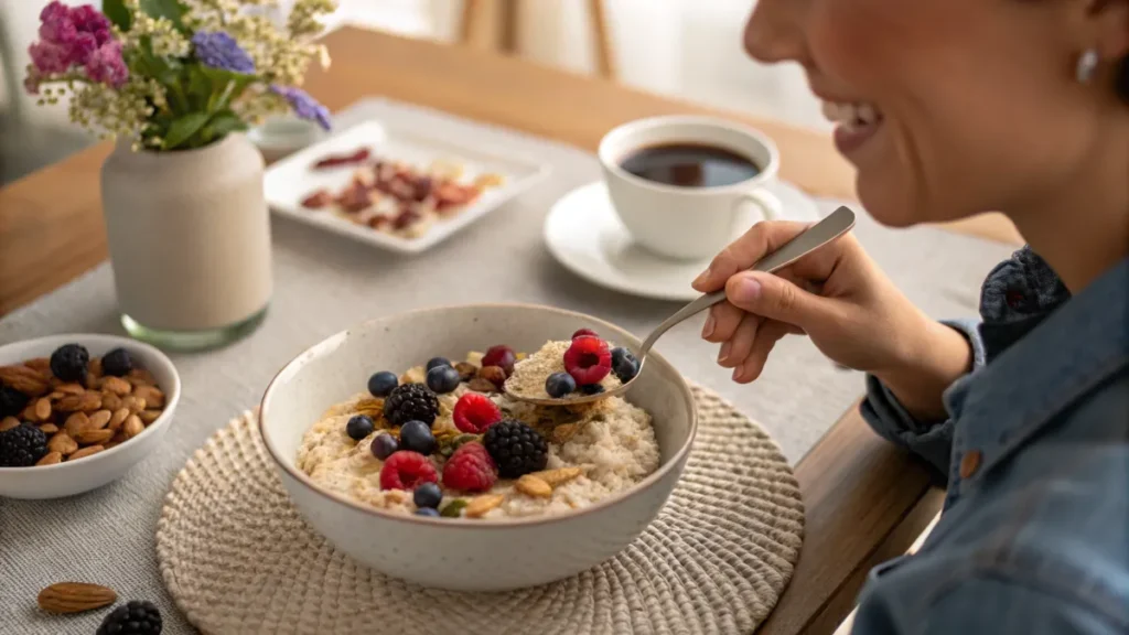 Enjoying a bowl of Oatmeal with Berries and Nuts