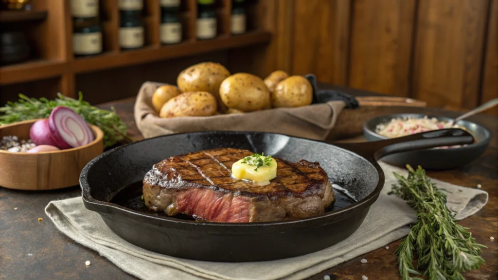 A perfectly grilled ribeye steak topped with garlic butter, served on a wooden board with a knife and sprig of rosemary.