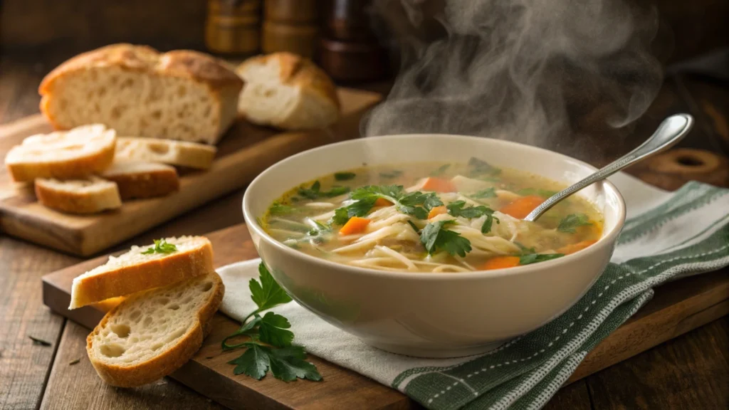 steaming bowl of chicken noodle soup garnished with parsley, surrounded by fresh bread and a spoon on a wooden table