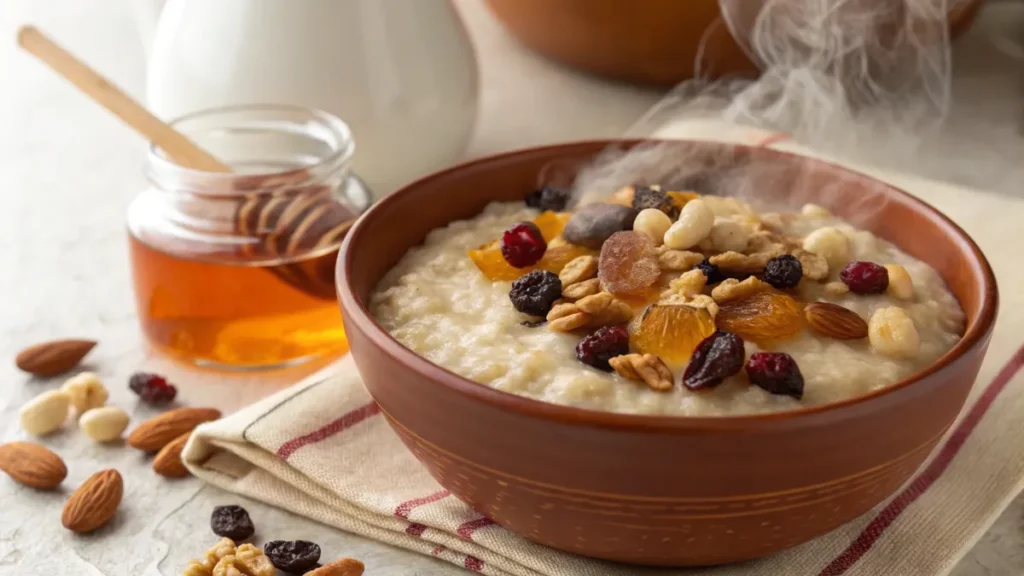 Hot cereal with dried fruits and nuts for backpacking breakfast