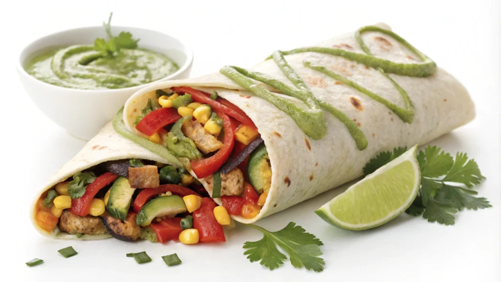 Vegetarian breakfast burrito paired with green sauce.