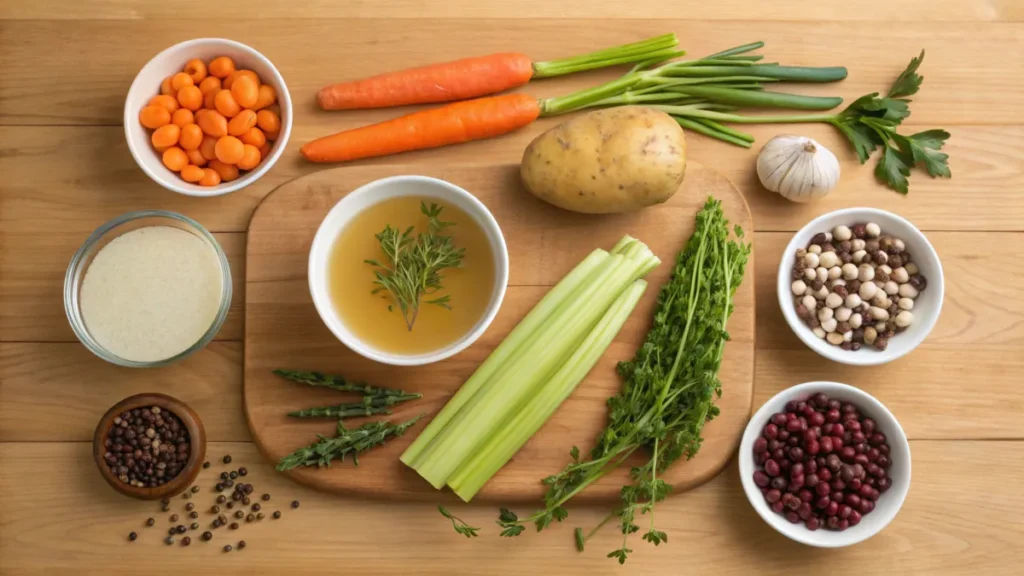 Fresh vegetables and ingredients for making easy swamp soup laid out on a wooden counter.