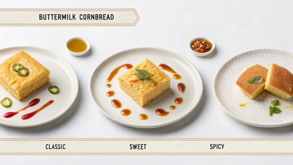 Table comparing buttermilk cornbread variations: classic, sweet, and spicy, with serving suggestions