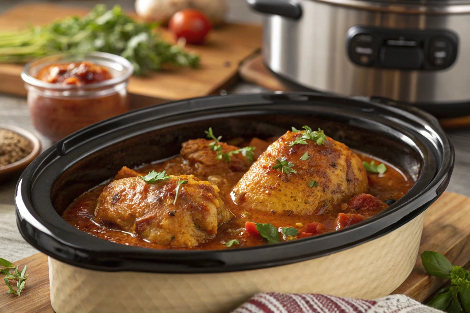 A plate of Jezebel chicken cooked in a crockpot, served with rice and garnished with fresh parsley, alongside a bowl of tangy sauce.