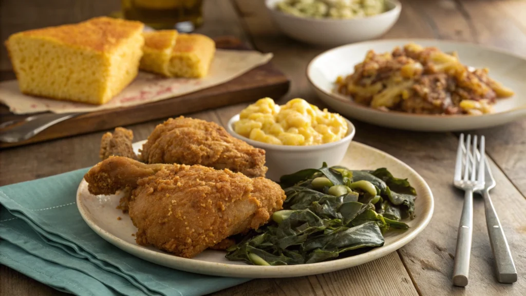 Display a plate of crispy fried chicken served with macaroni and cheese, collard greens, and cornbread on a rustic table setting.