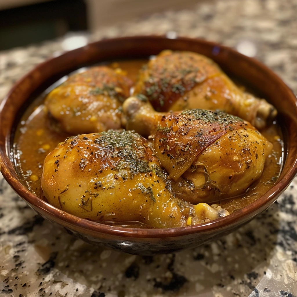 Crock pot filled with frozen chicken, vegetables, and broth