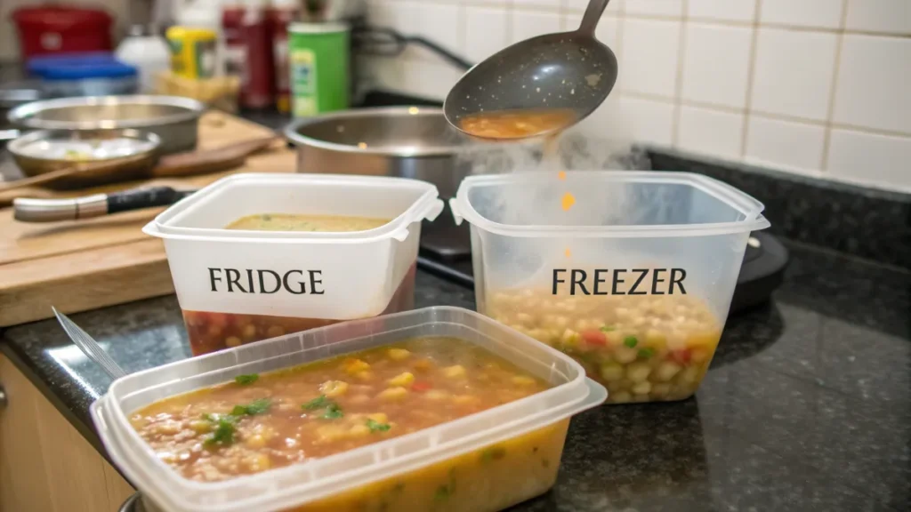  Storing vegetable beef soup in airtight containers.