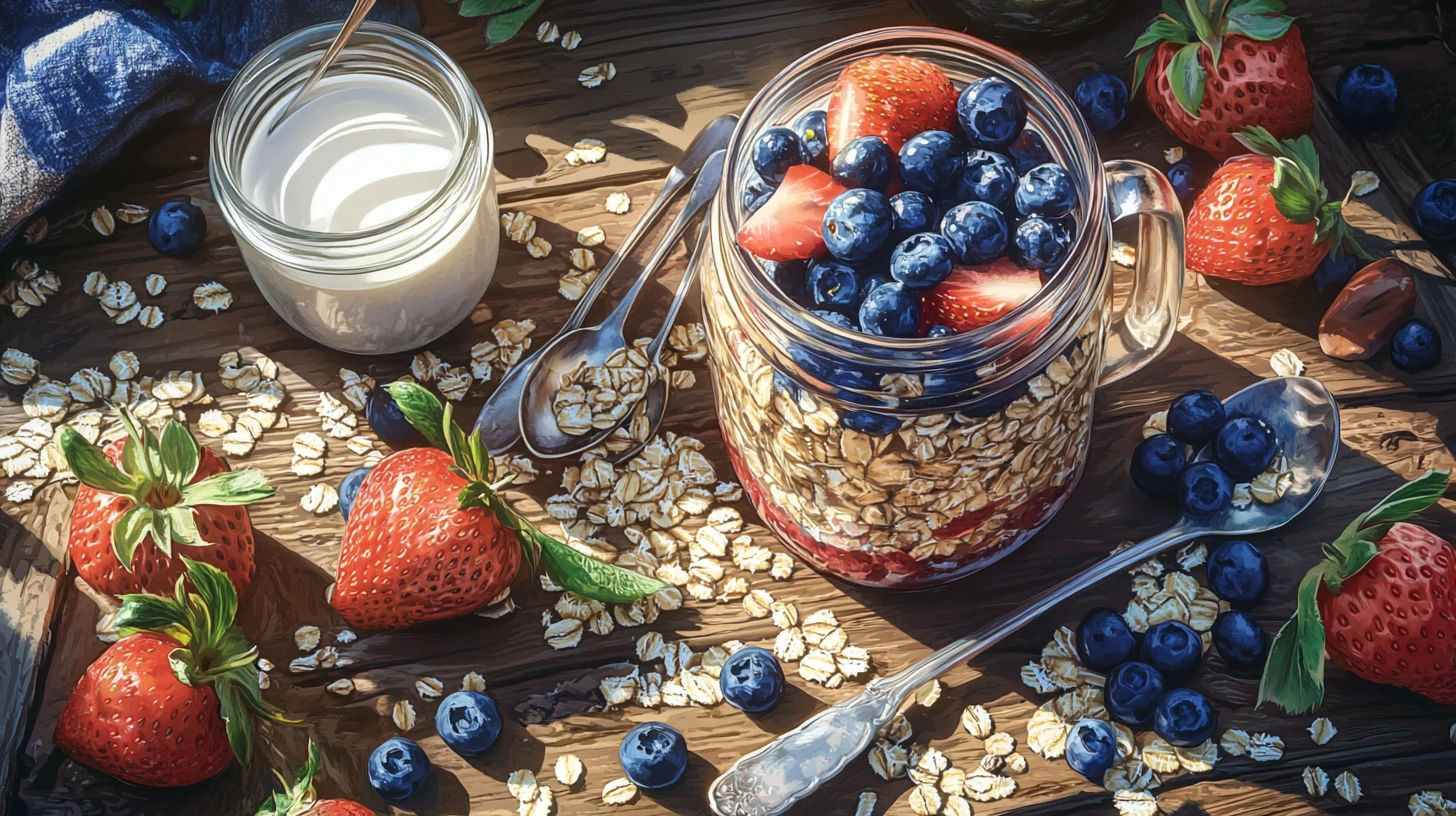 A jar of Purely Elizabeth overnight oats topped with fresh berries and almonds, placed on a wooden table.