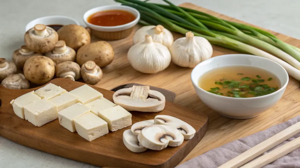 Fresh ingredients for vegan soup dumplings recipe, including mushrooms, tofu, ginger, garlic, and a bowl of broth.