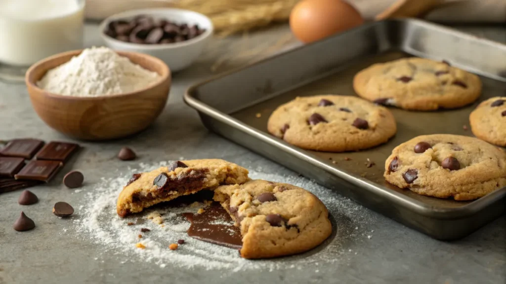 Freshly baked chocolate chip cookies cooling on a rack