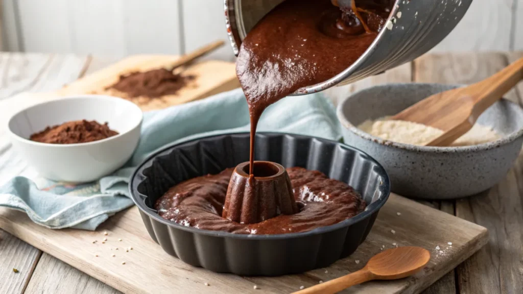 Chocolate pound cake batter being prepared for baking.