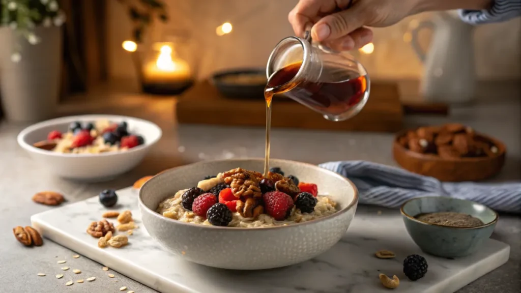 Pouring maple syrup over Oatmeal with Berries and Nuts