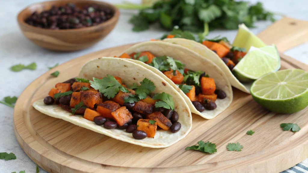 Sweet potato and black bean tacos served on soft tortillas, topped with lime crema and avocado slices