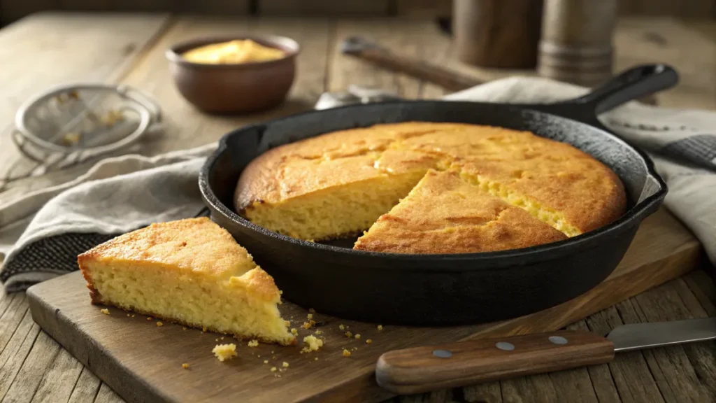 Golden-brown buttermilk cornbread in a cast iron skillet with a crispy crust and a soft interior