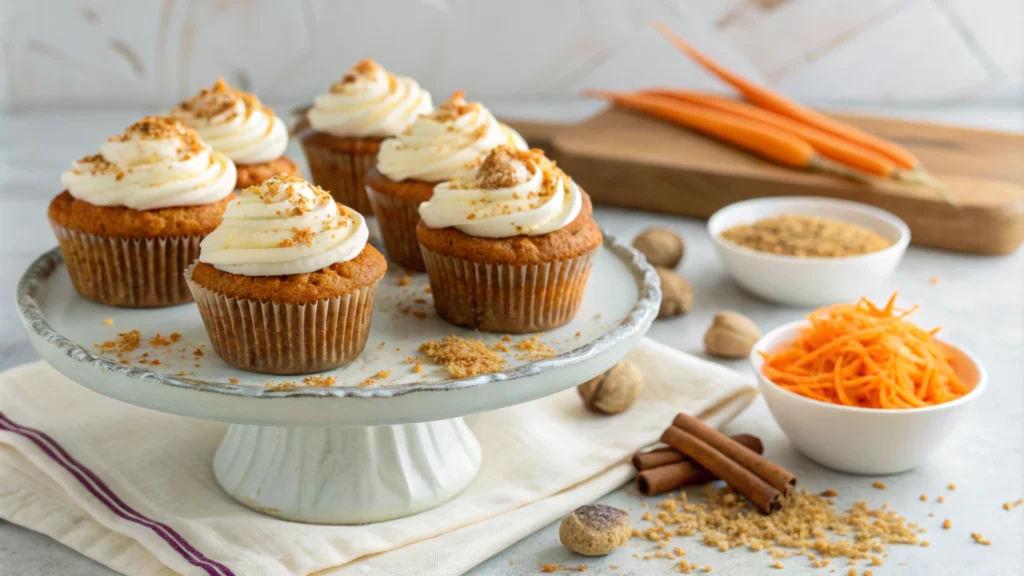 Carrot cake muffins with cream cheese frosting and cinnamon, styled with grated carrots and spices.