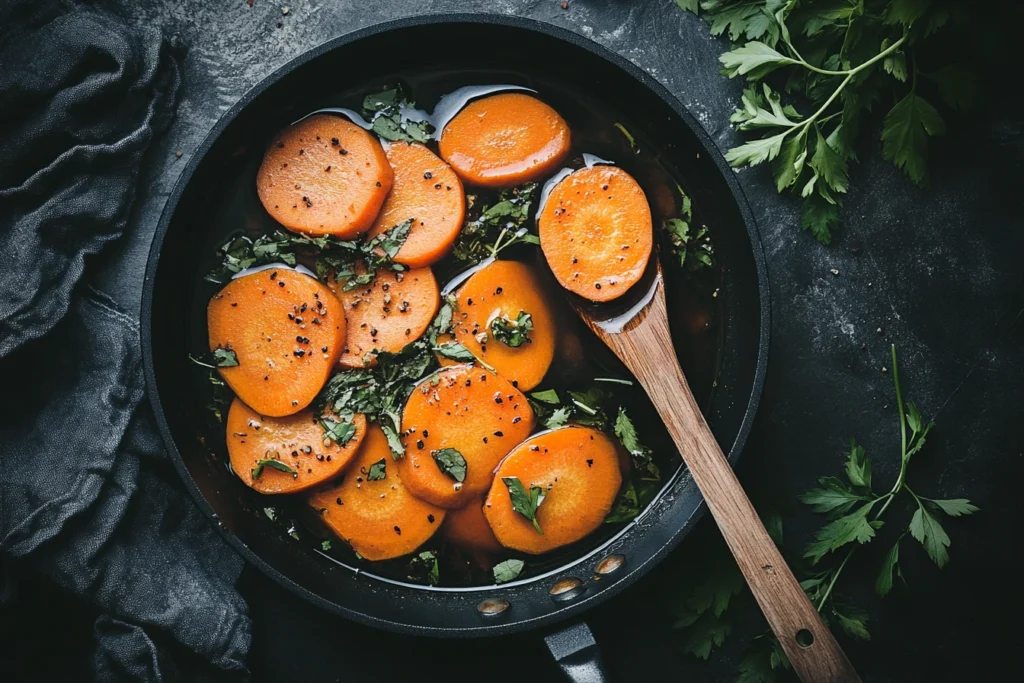 A bowl of creamy carrot and lentil soup garnished with parsley.