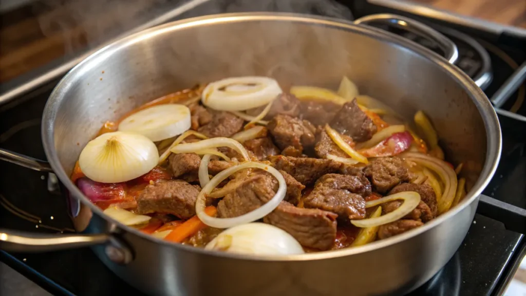 Browning beef and onions for vegetable beef soup