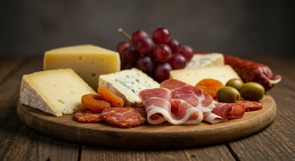 A cheese and charcuterie board with brie, cheddar, salami, crackers, and fresh grapes on a wooden serving platter