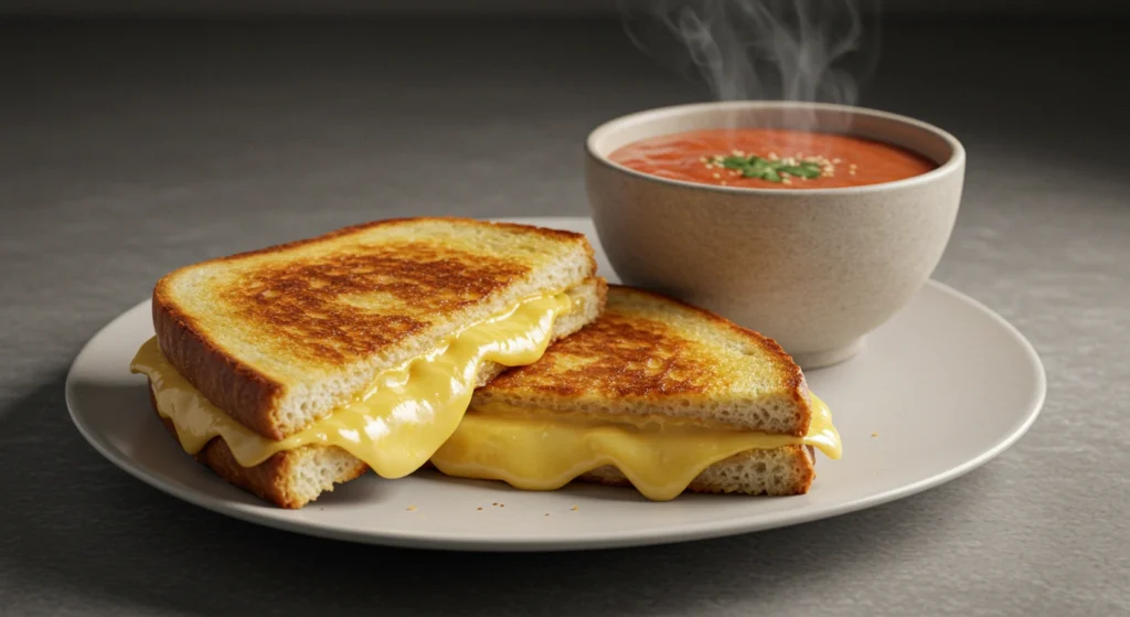 A grilled cheese sandwich with melted brie and cheddar, served with caramelized onions and a bowl of tomato soup