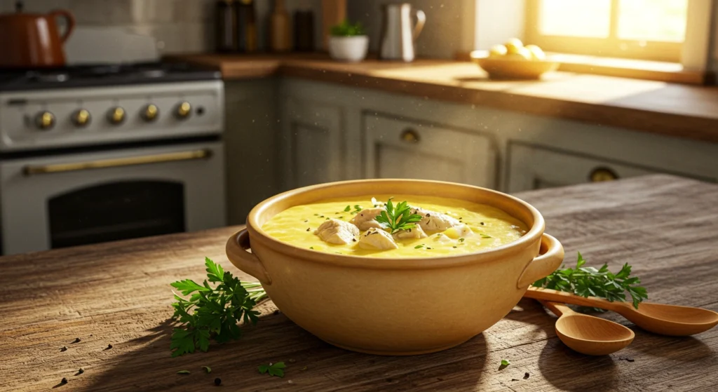 A creamy chicken soup served in a white bowl with fresh thyme garnish and a slice of buttered bread on the side.