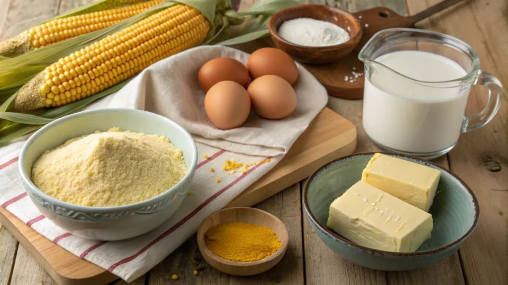 Ingredients for buttermilk cornbread recipe arranged on a wooden table, including cornmeal, buttermilk, eggs, and butter.