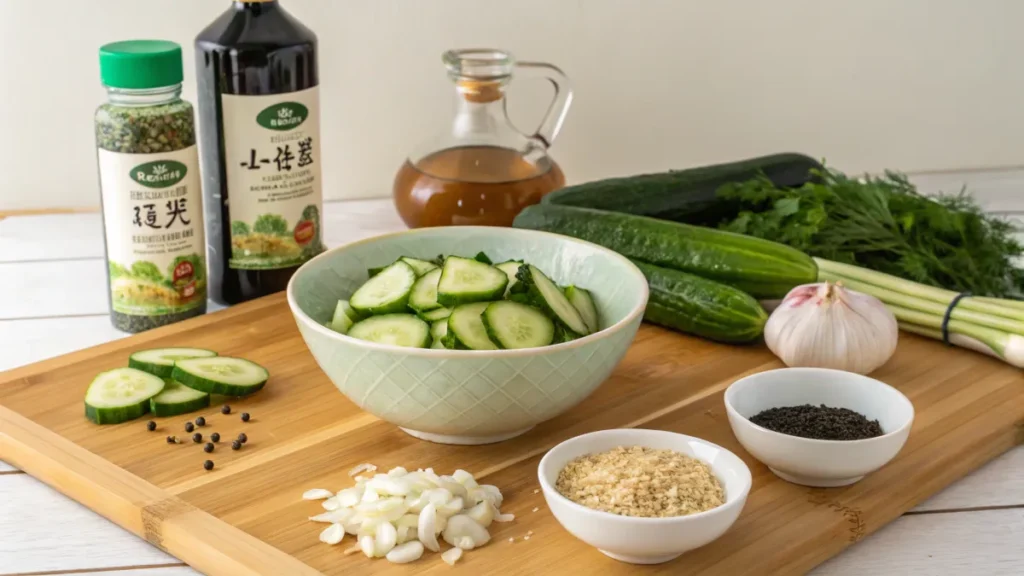 Ingredients for the Din Tai Fung cucumber salad recipe including cucumbers, garlic, sesame oil, and vinegar displayed on a wooden kitchen counter.