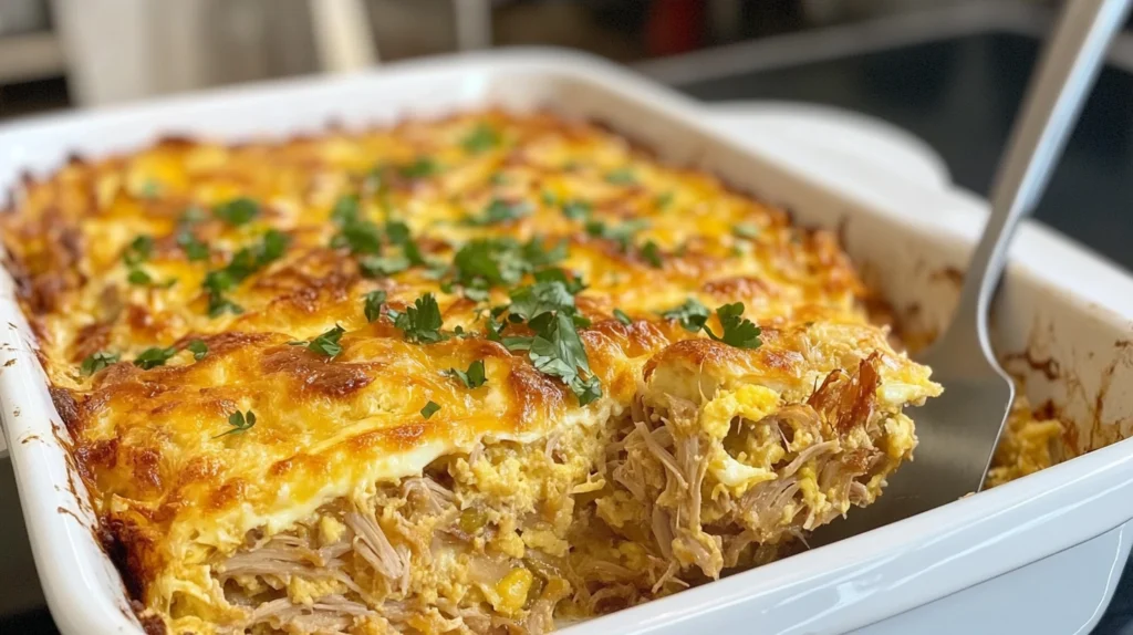 Carnitas and egg breakfast casserole in a white baking dish, ready to serve.