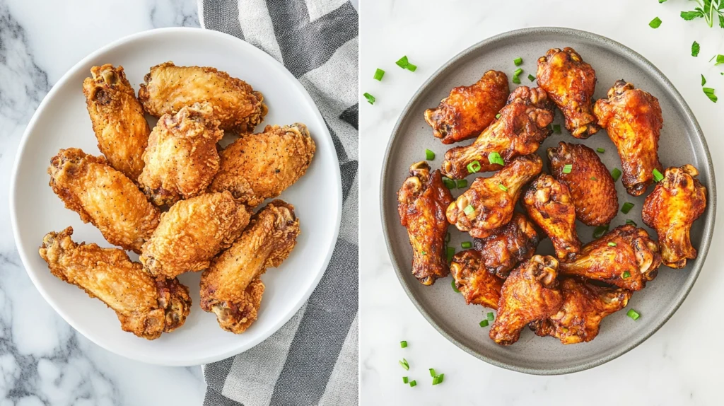 A comparison of air-fried and deep-fried chicken wings, highlighting the crispy texture of the air-fried option with less oil.