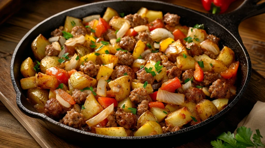 Skillet sausage and potato hash with crispy potatoes, onions, and bell peppers in a cast-iron pan