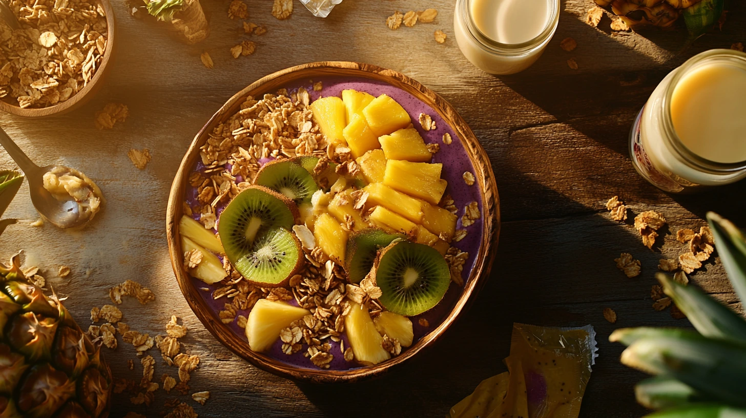 A colorful tropical smoothie acai bowl topped with fresh mango, kiwi, and granola, placed on a wooden breakfast table.