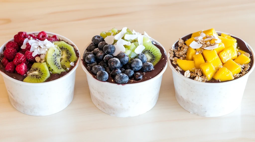 Three vibrant acai bowls with varied tropical toppings like pineapple, coconut flakes, and passion fruit.