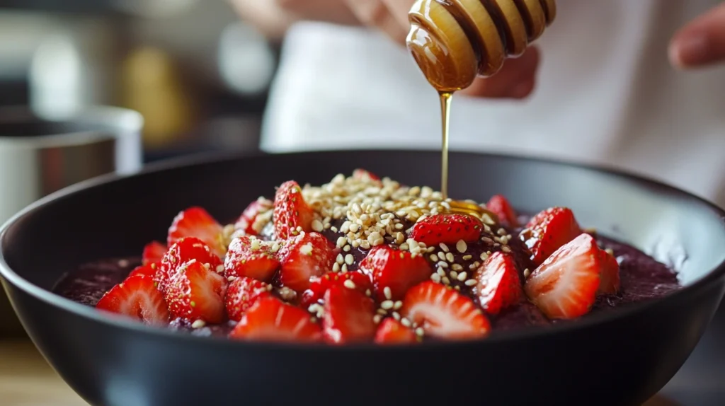 A close-up of a tropical acai bowl garnished with chia seeds and a drizzle of honey, set against a beach-inspired background.