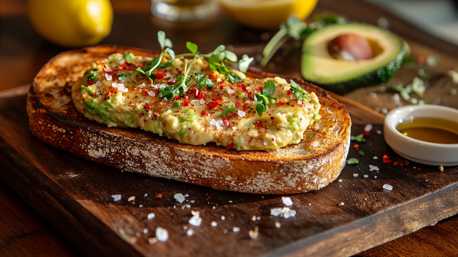 A slice of sourdough avocado toast with flaky sea salt, red pepper flakes, and microgreens on a wooden board surrounded by fresh ingredients like avocado and lemon.