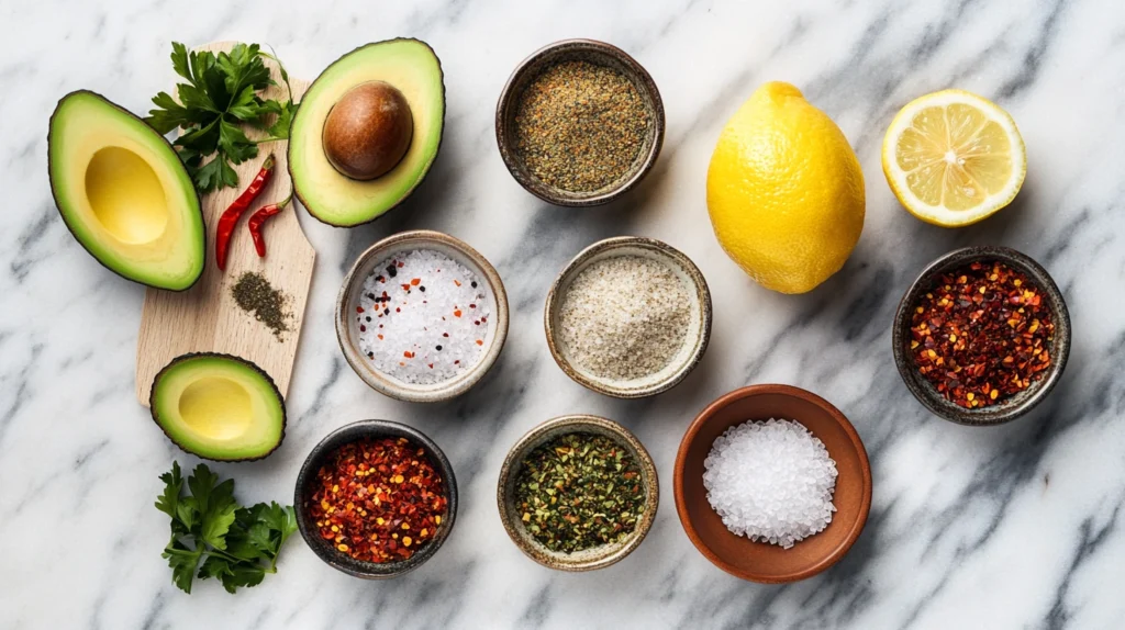 A flat lay of seasonings for avocado toast, including sea salt, red pepper flakes, za’atar, furikake, and lemon slices, styled with ripe avocados.