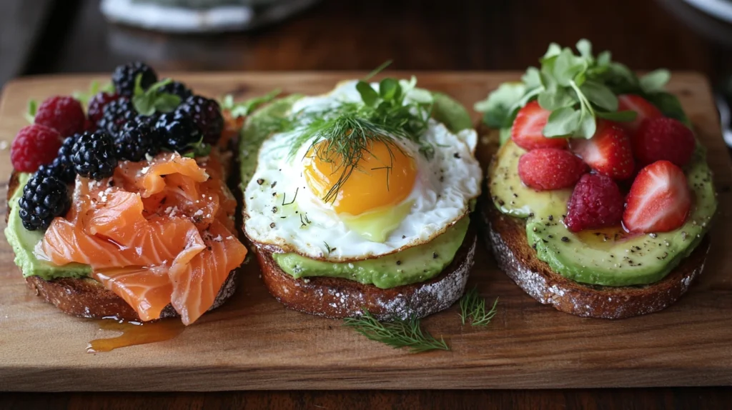 Three slices of avocado toast with toppings: one with berries and honey, one with smoked salmon, and one with a poached egg and dill, arranged on a wooden platter."