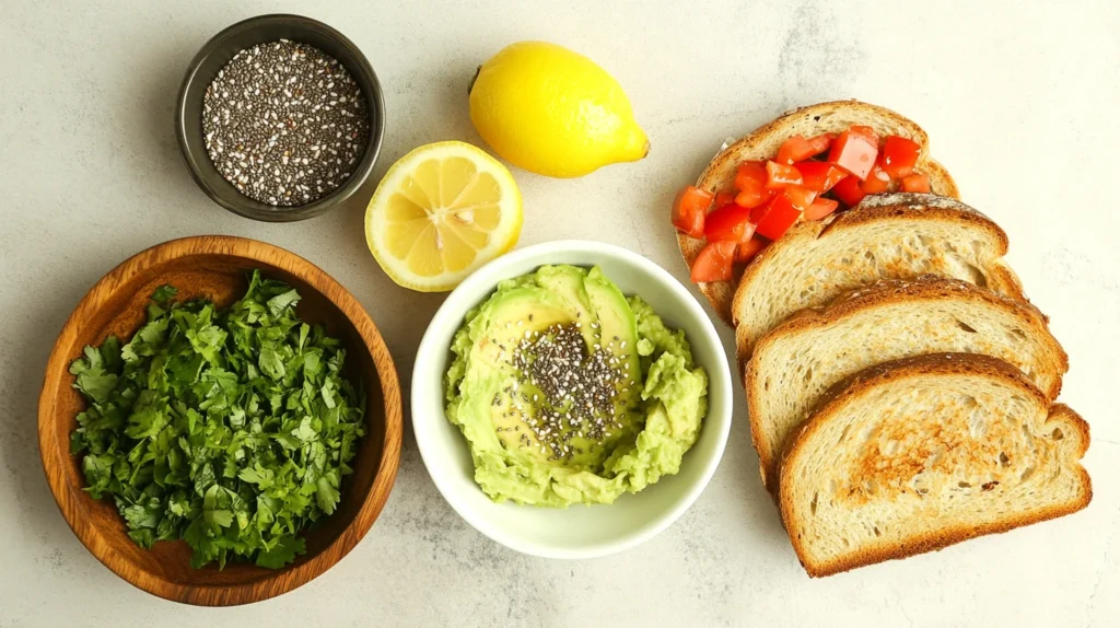 Step-by-step preparation of avocado toast with mashed avocado, toasted bread, lemon, and toppings like seeds and herbs on a clean kitchen counter.