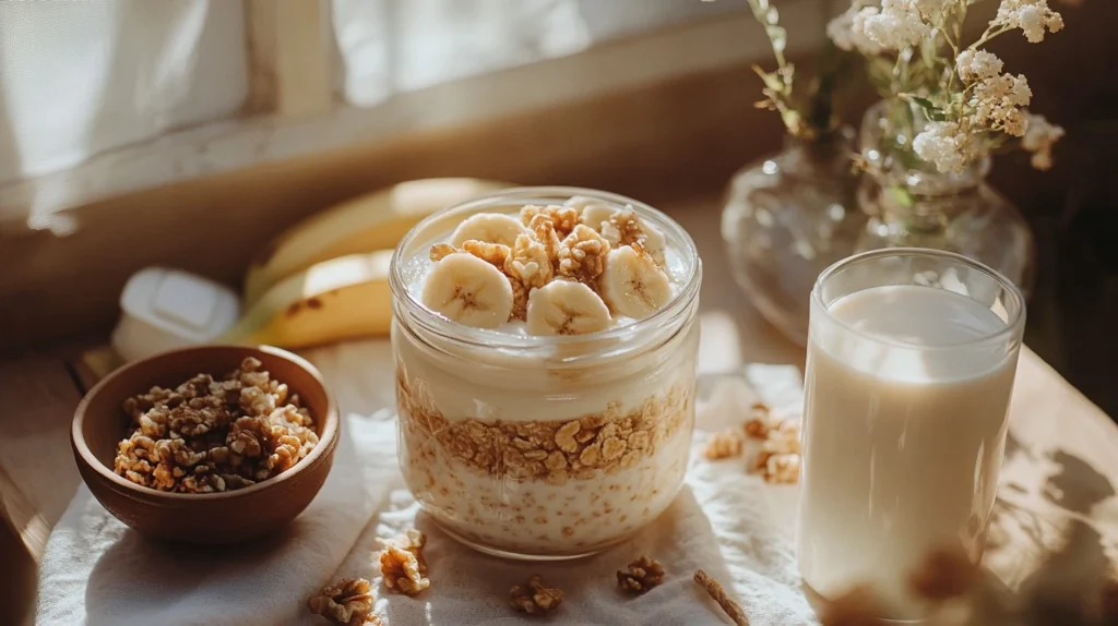 Ingredients for Purely Elizabeth overnight oats, including oats, almond milk, chia seeds, and a bowl of fresh fruit.