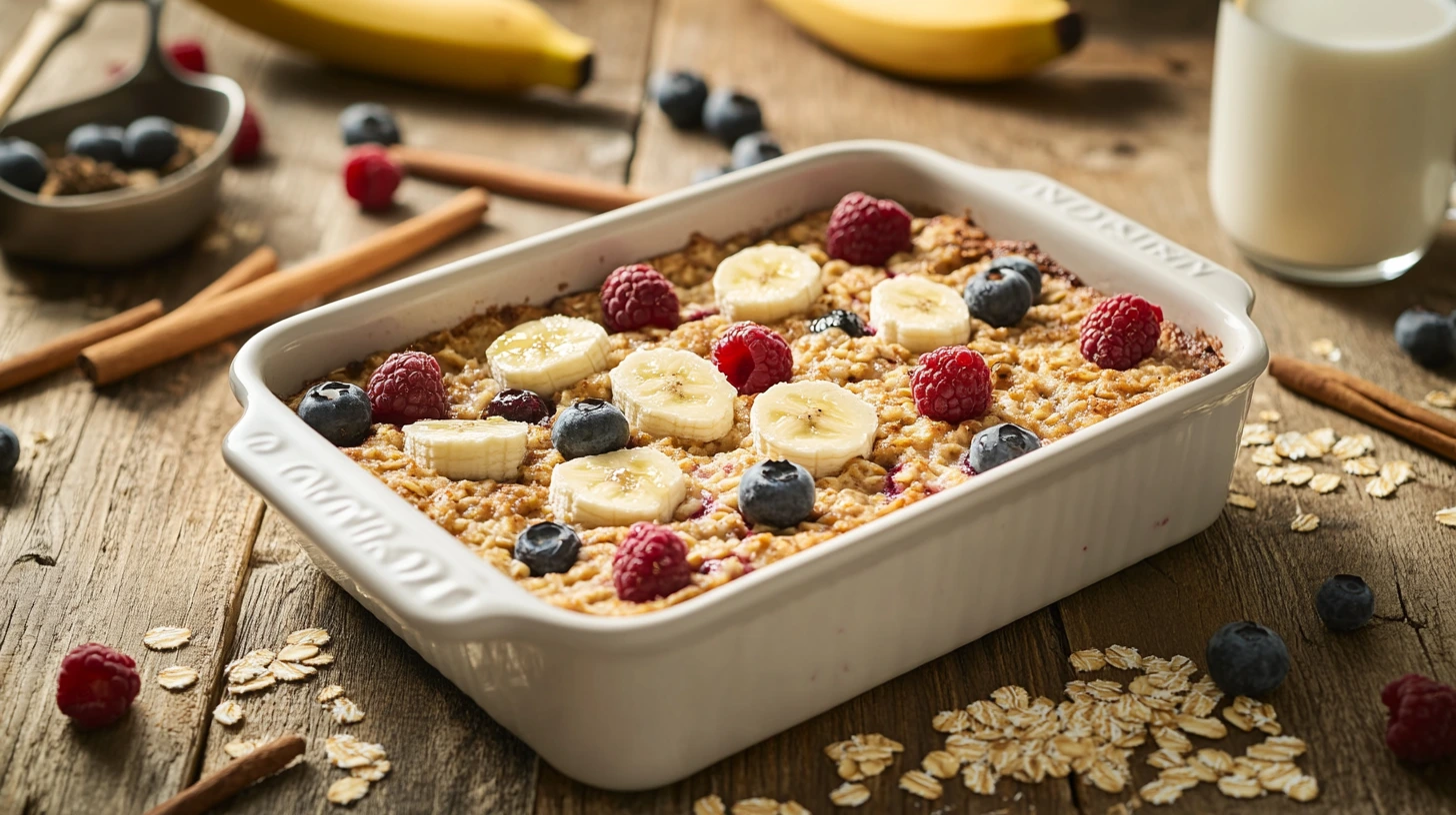 A baking dish filled with golden-brown protein baked oatmeal topped with fresh berries and a drizzle of honey, placed on a rustic kitchen counter.