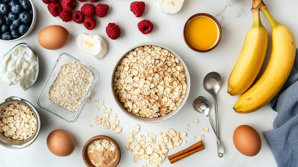 A flat lay of ingredients for protein baked oatmeal, including oats, a banana, protein powder, almond milk, and fresh berries on a wooden table.