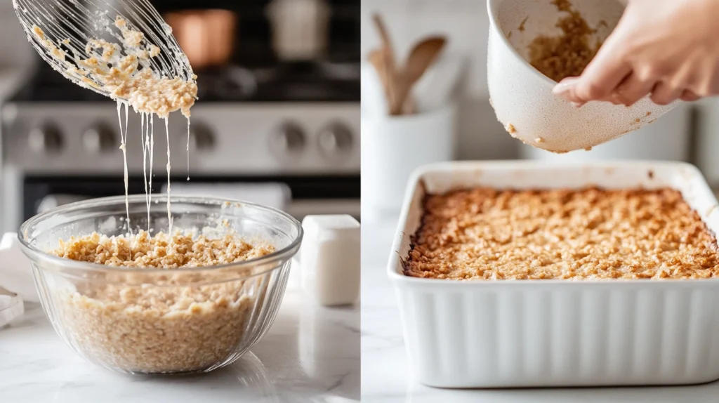 Step-by-step preparation of protein baked oatmeal with a mixing bowl, whisked wet ingredients, and oats, placed on a clean countertop.