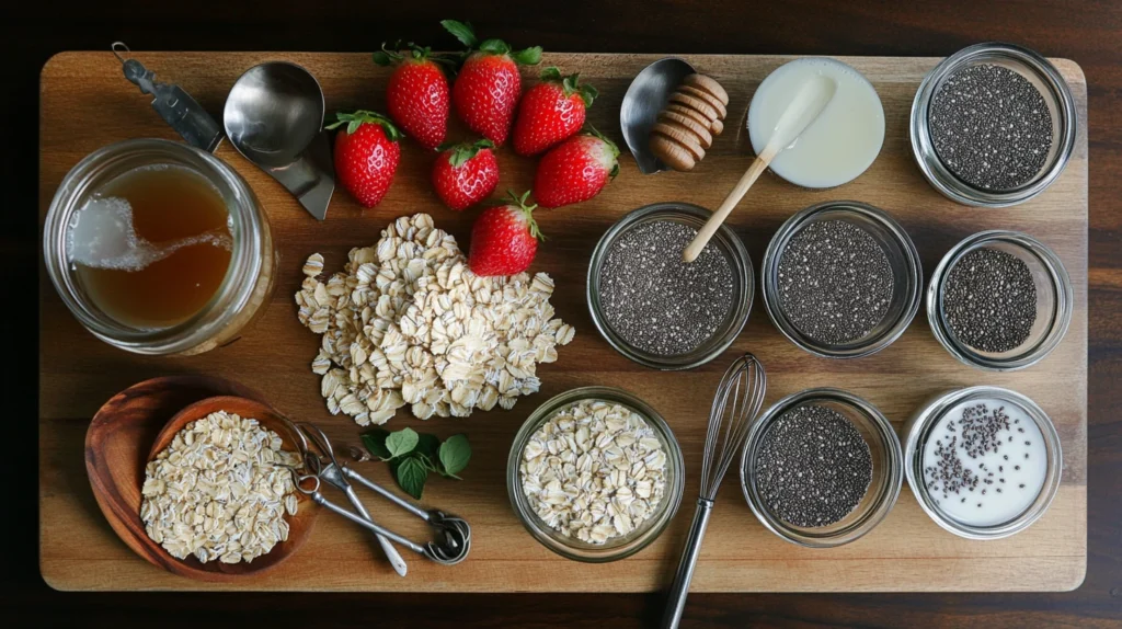 Three mason jars filled with layered overnight oats, bananas, and granola, set against a cozy kitchen background.